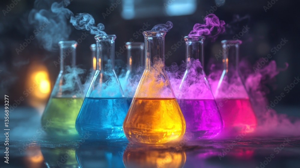 Poster illuminated laboratory beakers filled with colorful liquids emitting vapor creating a science fictio