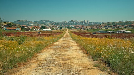 Fototapeta premium A pig farm sprawls across open fields in a wide-angle shot, showing pens and pathways, with a town's tall buildings peeking above the horizon under a clear blue sky 
