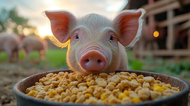 A pig hungrily eats scraps from a trough, close-up of its snout and the textured feed, set in a barn environment showcasing agricultural realism. 