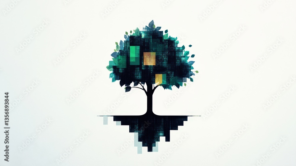 Poster a tree with a trunk and branches is shown in a white background. the tree is surrounded by a blue