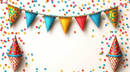 Obraz premium Colorful party flags and confetti dots on a white background for festive celebrations and events