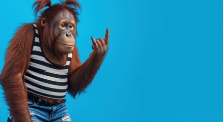 Hip orangutan in striped shirt making rock gesture against blue background