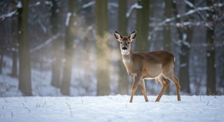 Serene winter scene: majestic deer standing in snowy forest glade amidst whispering snowfall