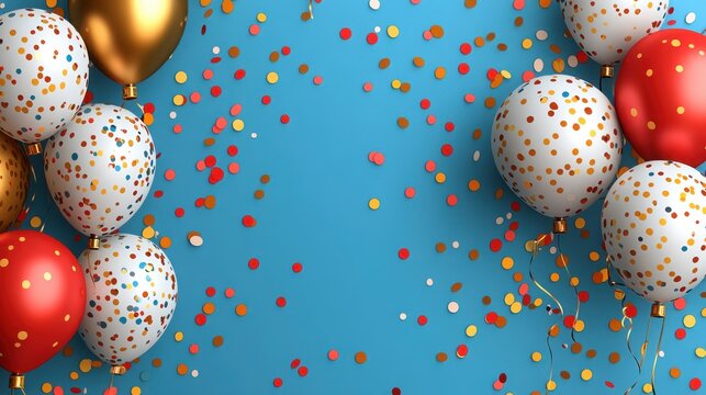 Colorful balloons and confetti pattern in a festive celebration setting with various confectionery items