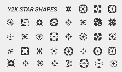 collection stylized geometric star shapes retro y2k aesthetic focus on sparkle design, trendy decoration element style
