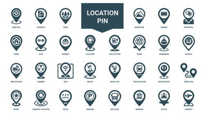 location pin icons places services like home gym market, beach train wifi nightlife station