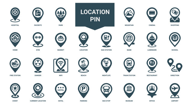 location pin icons places services like home gym market, beach train wifi nightlife station