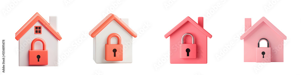 Poster a collection of minimalist abstract 3d rendered houses with red and pink color schemes each featurin