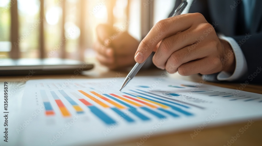 Poster analyzing financial performance data a businessman scrutinizes charts and graphs with a pen for stra