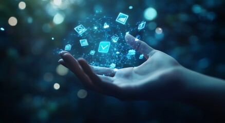 Fototapeta premium 3D render of a hand holding blue icons representing people, showing team collaboration and communication in a business or social network concept on a blurred background. Concept for human resources