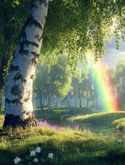 Serene birch forest with a vibrant rainbow casting a magical glow on the lush green meadow and tranquil stream creating a peaceful and enchanting natural scene