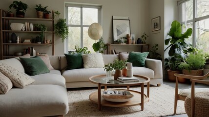 Fototapeta premium A cozy, modern living room featuring a neutral sofa, green cushions, and lush indoor plants.