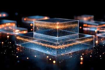 Transparent, layered podiums, illuminated by glowing particles