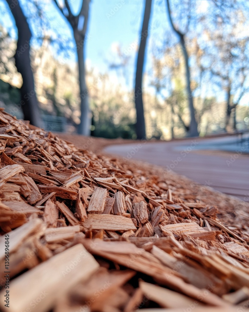 Poster close up of wood mulch on a path in a park on a sunny day with blurred trees and blue sky creating a