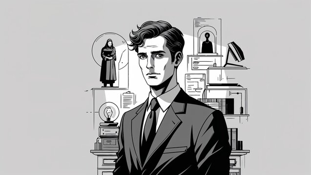 A male cryptographer in Black characters and objects on a white background