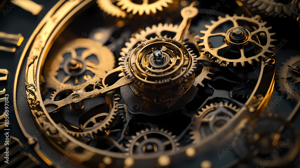 Poster timeless precision: an intricate close-up of a clock's internal gears and mechanisms, showcasing the