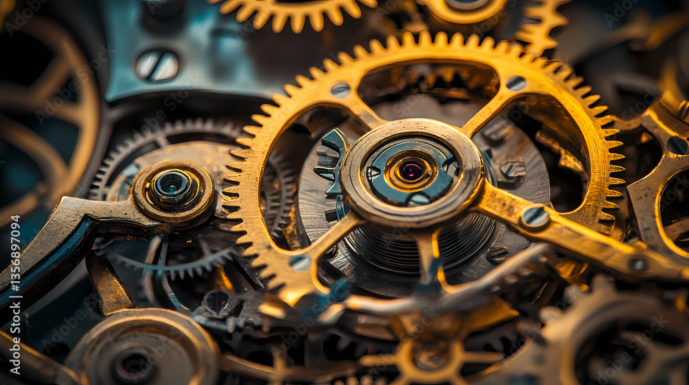 Poster golden gears: a macro perspective of intricate golden gears showcases precision engineering and mech