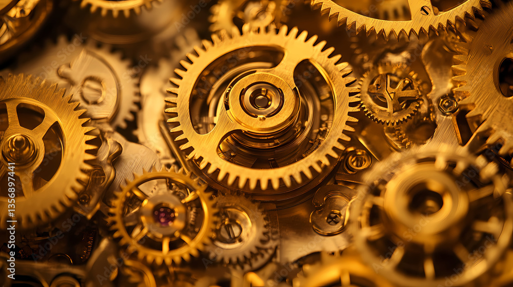 Poster intricate gears: a close-up shot showcasing an array of intricate golden gears, their metallic surfa