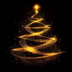 Elegant golden Christmas tree with glowing lines, sparkles, and light particles on a black background.