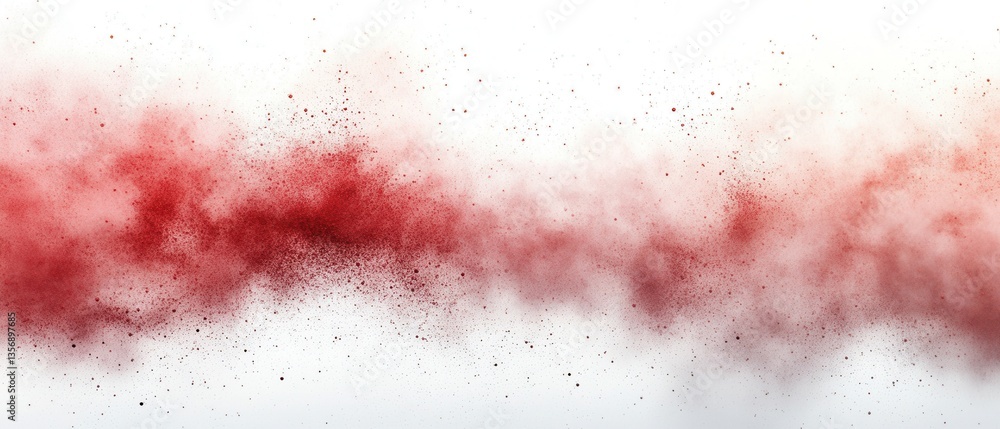 Poster ethereal crimson dust cloud against a pristine white backdrop creating a sense of mystery and artist