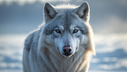 Naklejka premium Intense portrait of a white wolf with captivating eyes against a soft, icy backdrop
