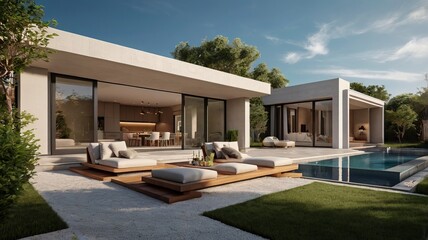 Fototapeta premium Modern luxury villa featuring spacious outdoor lounge area, elegant pool, and sleek architectural design.