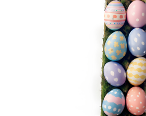 A set of pastel-colored Easter eggs arranged in a straight line, each featuring a unique pattern of stripes, dots, and swirls on a white background.
