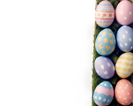 A set of pastel-colored Easter eggs arranged in a straight line, each featuring a unique pattern of stripes, dots, and swirls on a white background.

