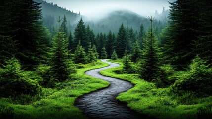 Winding path through misty mountain forest