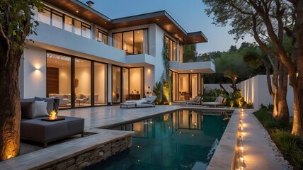 Fototapeta premium Modern luxury villa with an illuminated pool at dusk, featuring elegant landscaping and large glass windows.