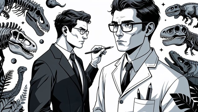 A non binary paleontologist in Black characters and objects on a white background