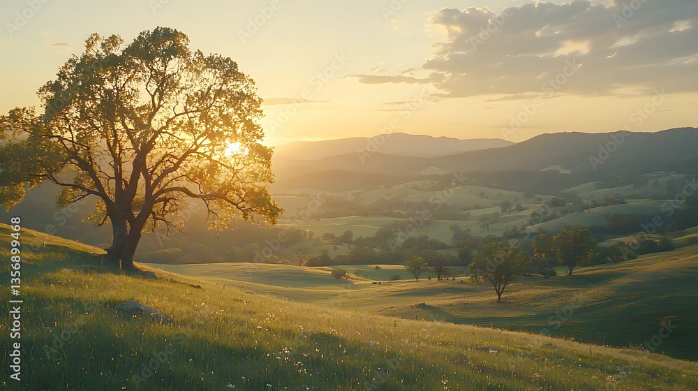 Aufkleber majestic tree standing alone in a sunlit countryside field surrounded by greenery and open space for