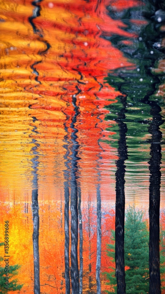 Poster autumnal forest reflection in rippling water creating a mesmerizing abstract landscape vibrant fall 