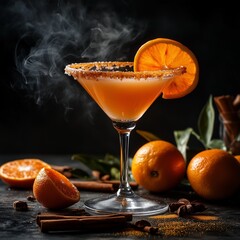 Elegant orange cocktail in a martini glass with tangerine garnish, cinnamon, and smoky dark background.