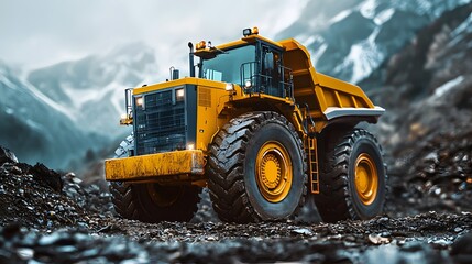 Heavy-duty yellow bull truck designed for surface mining operations maneuvering through rugged terrain in the mountains