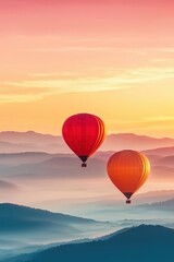 Fototapeta premium Two hot air balloons are flying over a mountain range. The sky is a mix of orange and pink hues