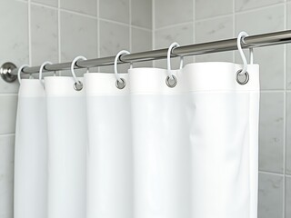 Minimalist Modern Bathroom with White Shower Curtain, Sleek Metallic Rod, Textured Tiled Wall, and Bright, Airy Atmosphere for a Clean, Contemporary Aesthetic."