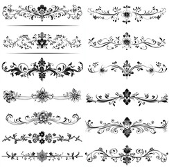 Collection of twelve elegant black and white floral ornaments swirls and dividers isolated on Transparent PNG