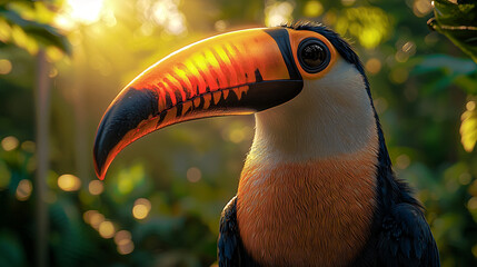 Exotic toucan’s massive curved beak in extreme close-up