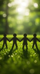 Paper human chain holding hands together and standing on the green grasses in the forest, CSR, team, people, and environment concept
