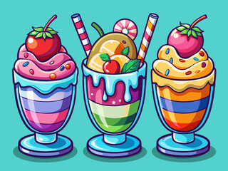 vector of  Three single servings of colorful frozen dessert