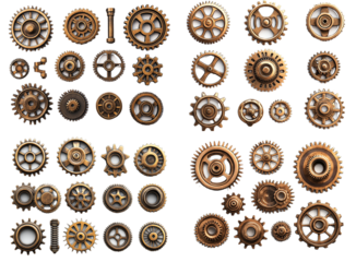 Collection of Vintage Mechanical Gears and Cogwheels on Black Background isolated on Transparent PNG