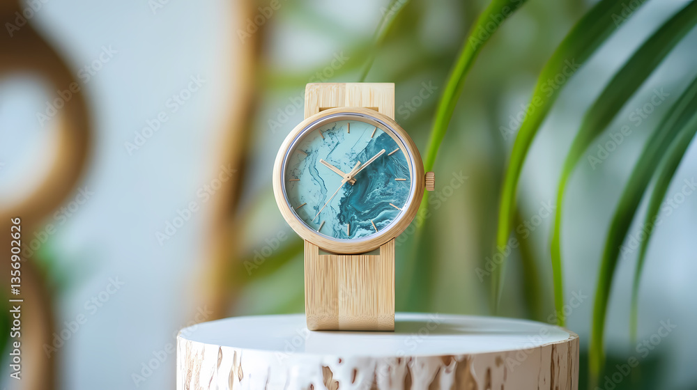 Poster artistic timepiece on display: this close-up image showcases a unique wristwatch with a wooden frame