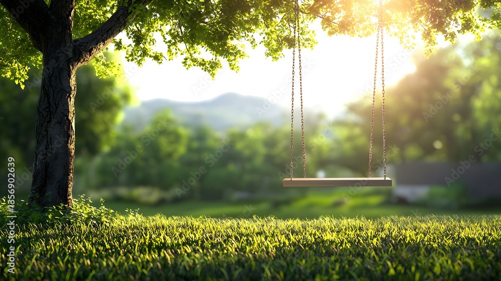Poster tranquil backyard setting with a majestic tree and a swing gently swaying in the breeze on a bright 
