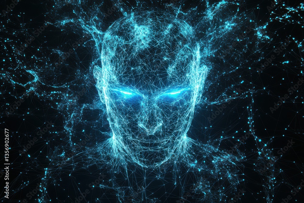 Poster a futuristic robotic humanoid stands in a modern, high-tech setting with metallic and sleek design.