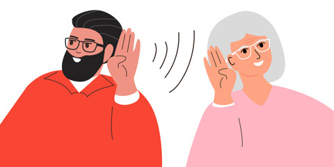 Deafness concept. Old woman and man hold their hands near ear. Senior Woman and Man listening or hearing intently. Vector illustration.