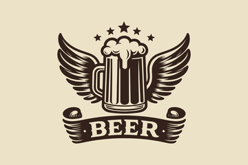  Beer mug with wings and stars, vintage style emblem