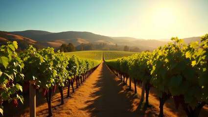 Scenic vineyard rows leading towards rolling hills at golden sunset, bathed in warm light