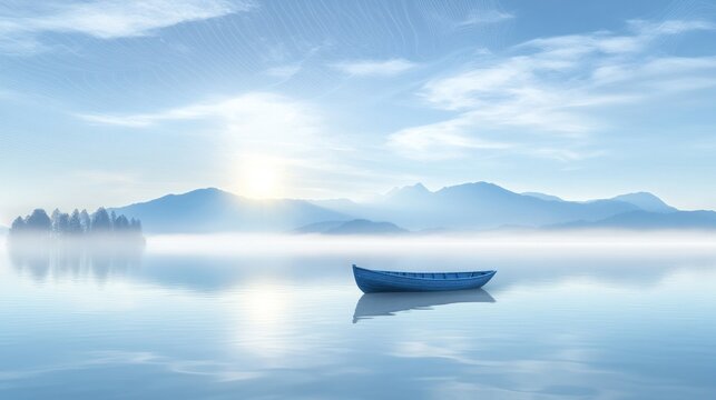 Serene sunrise boat lake mountains mist
