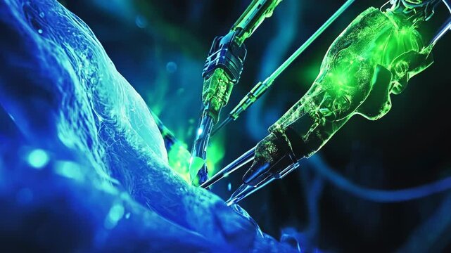 Futuristic robotic arms engage in intricate scientific procedures, showcasing cutting edge technology. Glowing green and blue hues highlight the precision and innovation in modern science